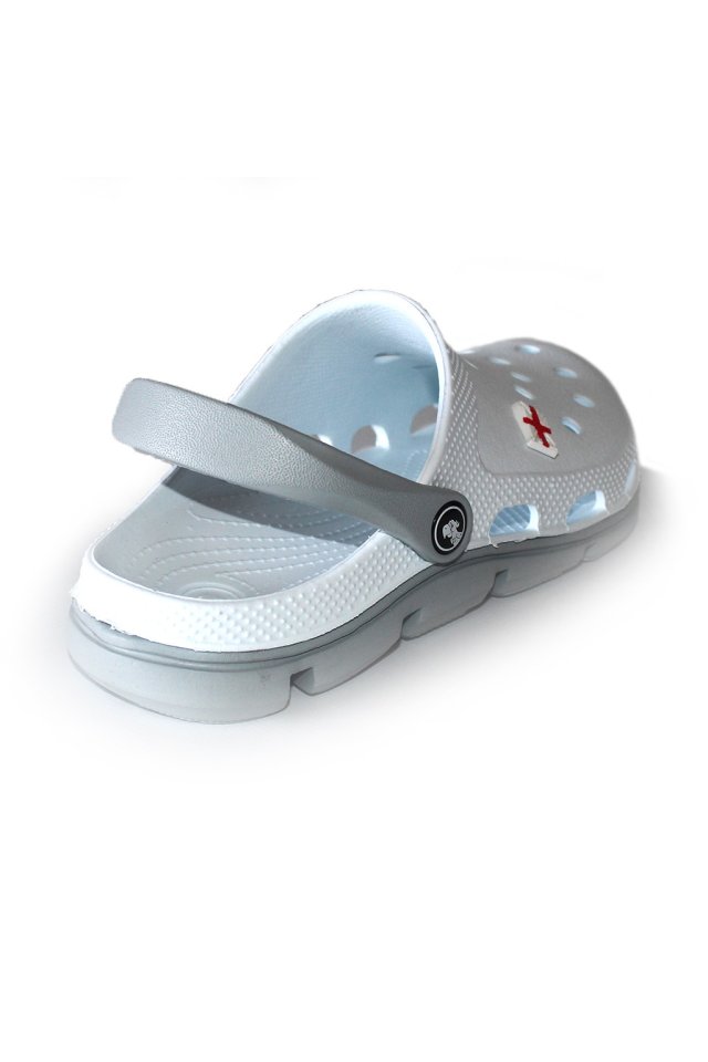 Zoccoli medicali professionali bianchi e grigi in schiuma EVA - modello unisex, con dettagli applicati