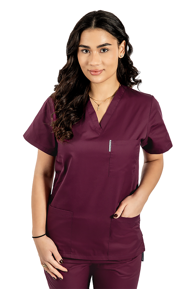 Camice medico viola scuro con collo a V e tre tasche applicate