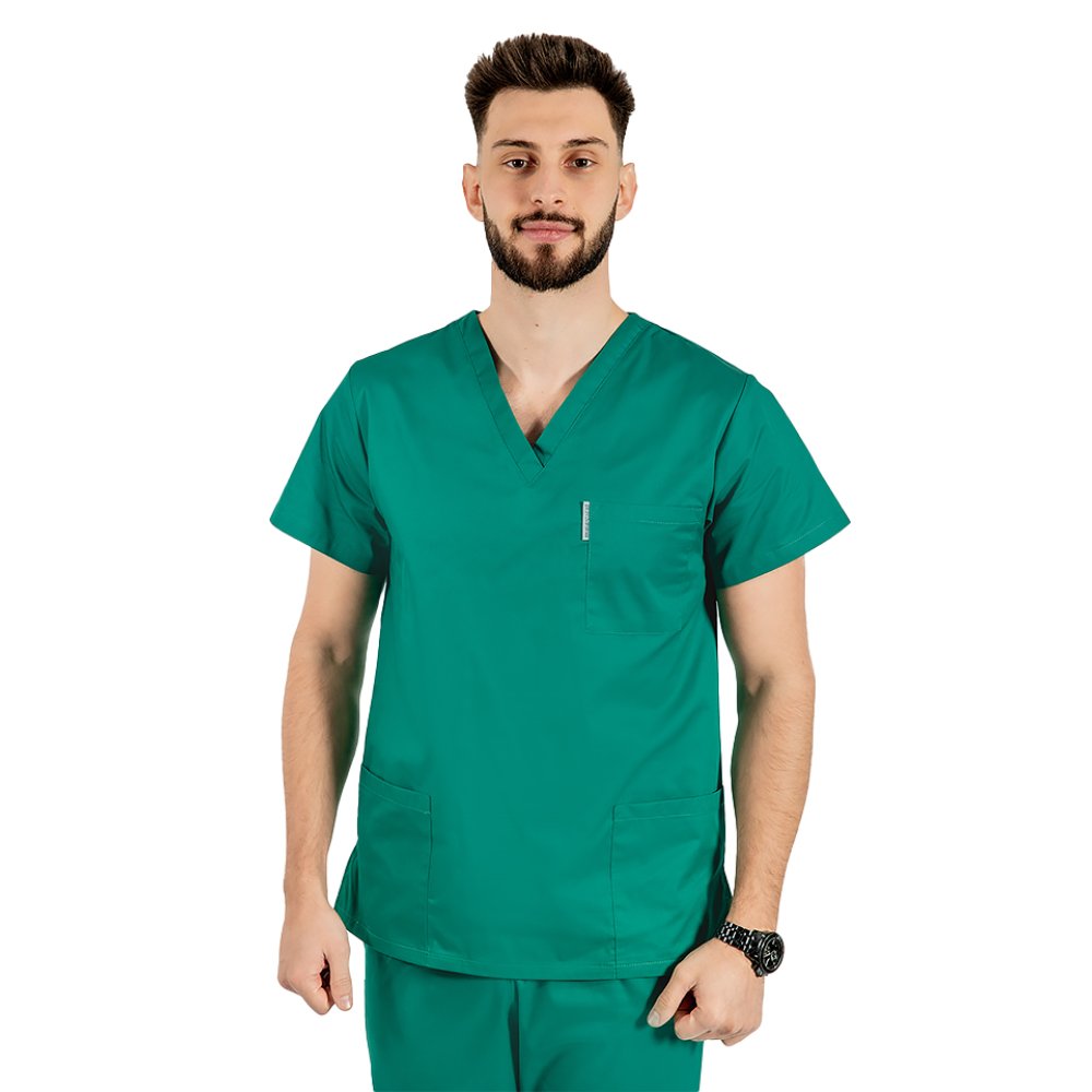 Camice verde chirurgico con collo a V, unisex, con tre tasche