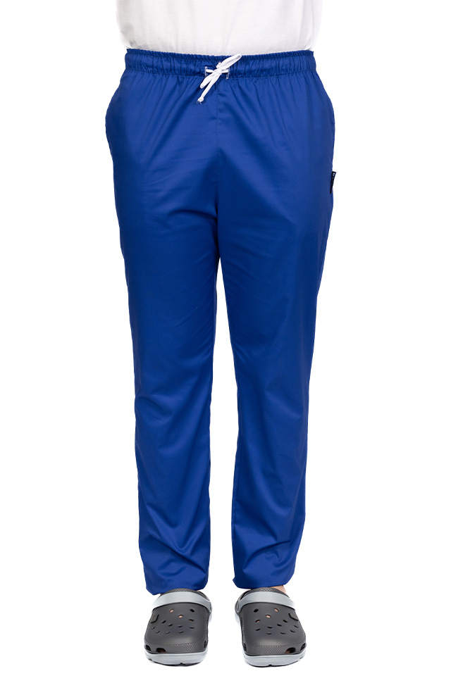 Pantaloni medici blu con elastan, da uomo, con coulisse in vita e due tasche laterali Pantaloni medici blu con elastan, da uomo, con coulisse in vita e due tasche laterali