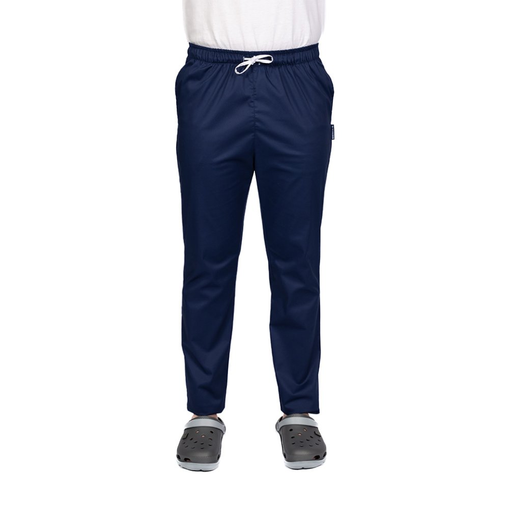 Pantaloni medici da uomo in elastan blu navy con elastico e due tasche laterali