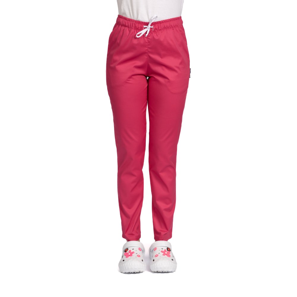 Pantaloni medicali in elastan ciclamino, modello da donna, con coulisse e due tasche laterali