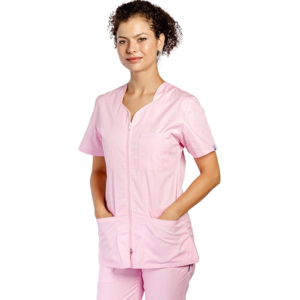 Camice con cerniera rosa pallido, e tre tasche applicate