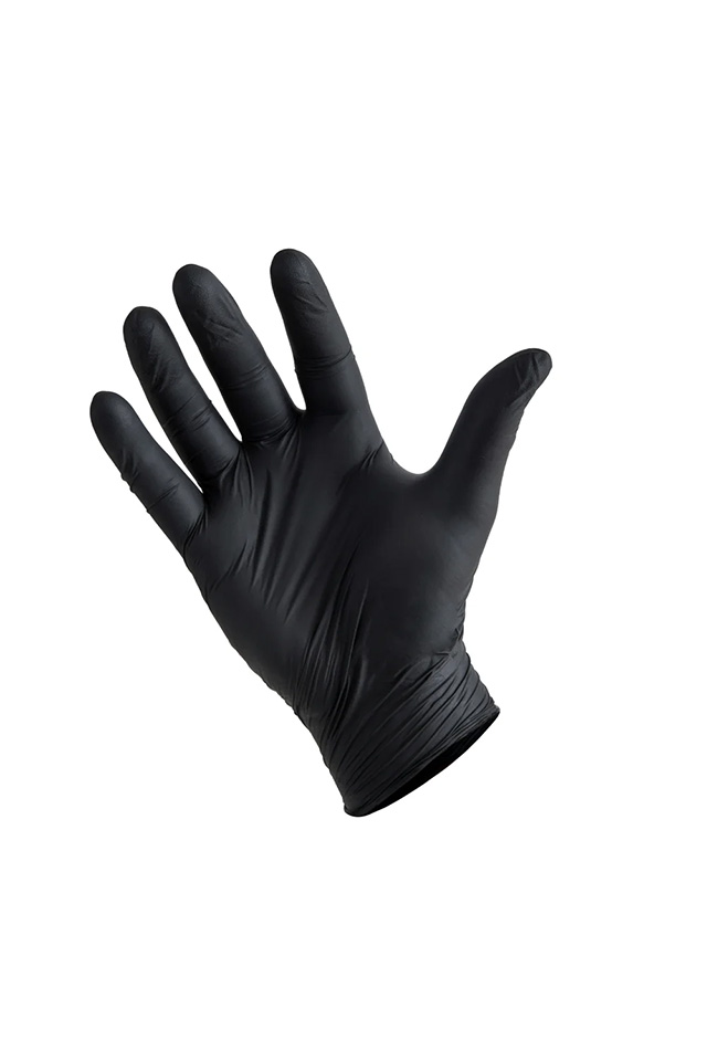 Set di 100 guanti neri in nitrile per la protezione e l'esame da parte di un medico in uniforme