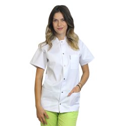 Tunica da chef da donna, bianca, semplice con graffette e maniche corte