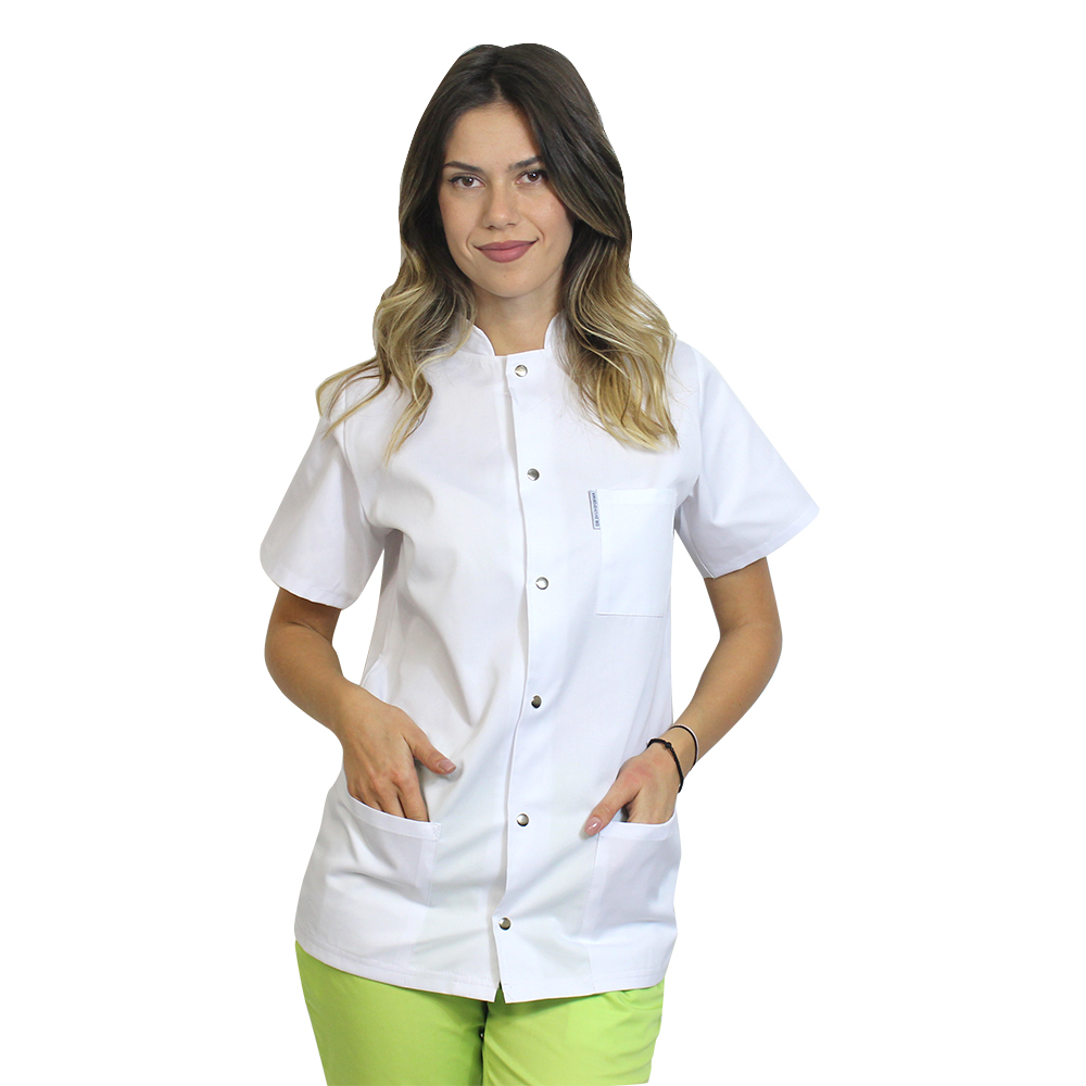 Tunica da chef da donna, bianca, semplice con graffette e maniche corte