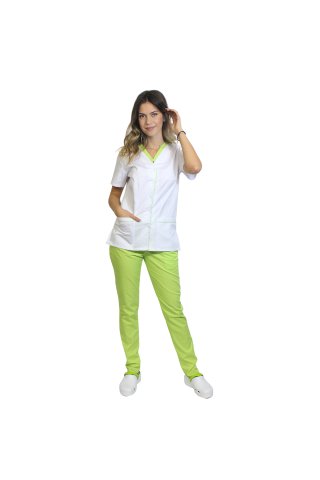 Tuta medica composta da camicetta bianca con paspol lime e pantaloni lime con elastico