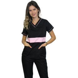  Camice medico nero con rosa pallido, modello Sofia