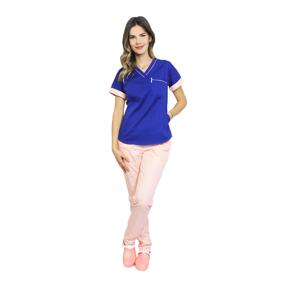 Tuta medica composta da camicetta blu con paspol pesca e pantaloni, modello Amani