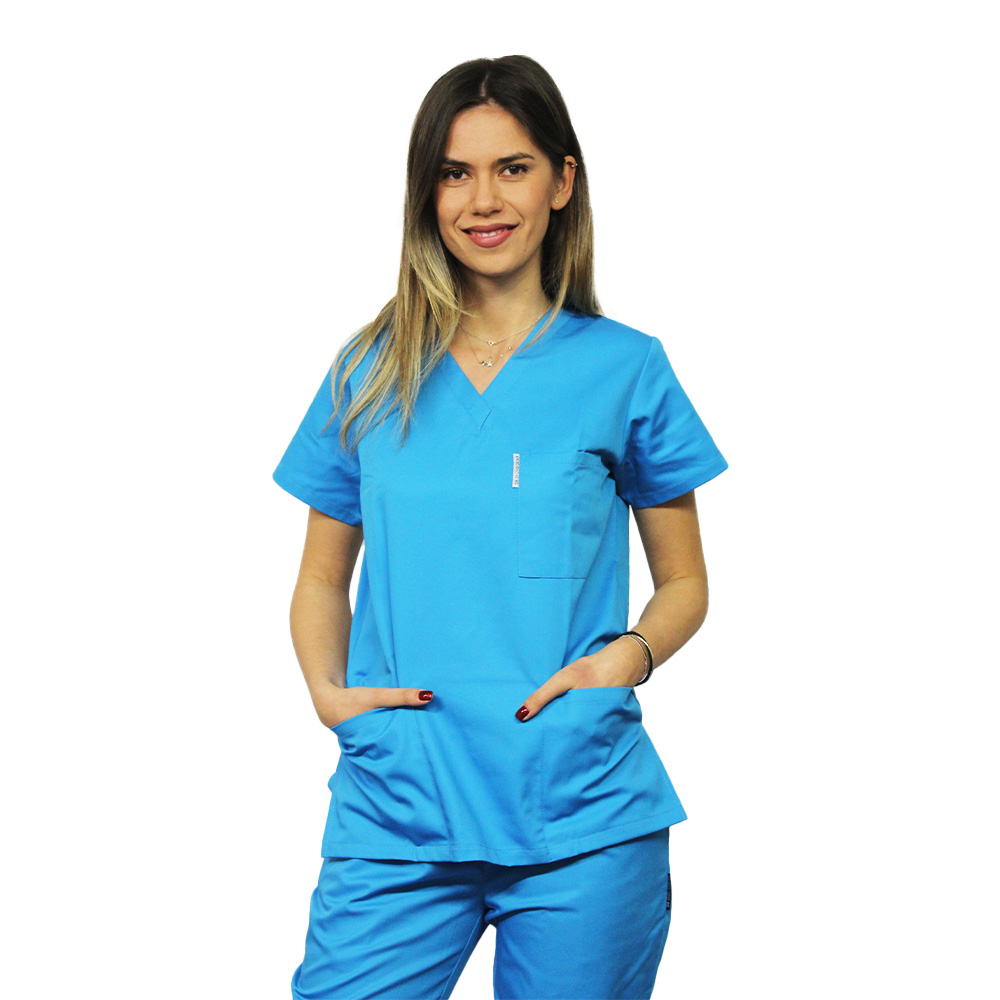 Tuta medica turchese con camicetta a V e pantaloni con elastico