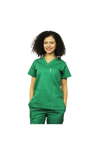 Tuta medica verde erba, blusa con scollo a V, tre tasche e pantaloni con elastico