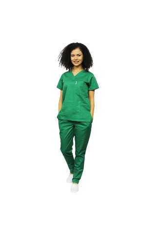 Tuta medica verde erba, blusa con scollo a V, tre tasche e pantaloni con elastico