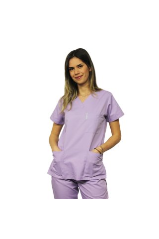 Tuta medica lilla, blusa con scollo a V, tre tasche e pantaloni elastici