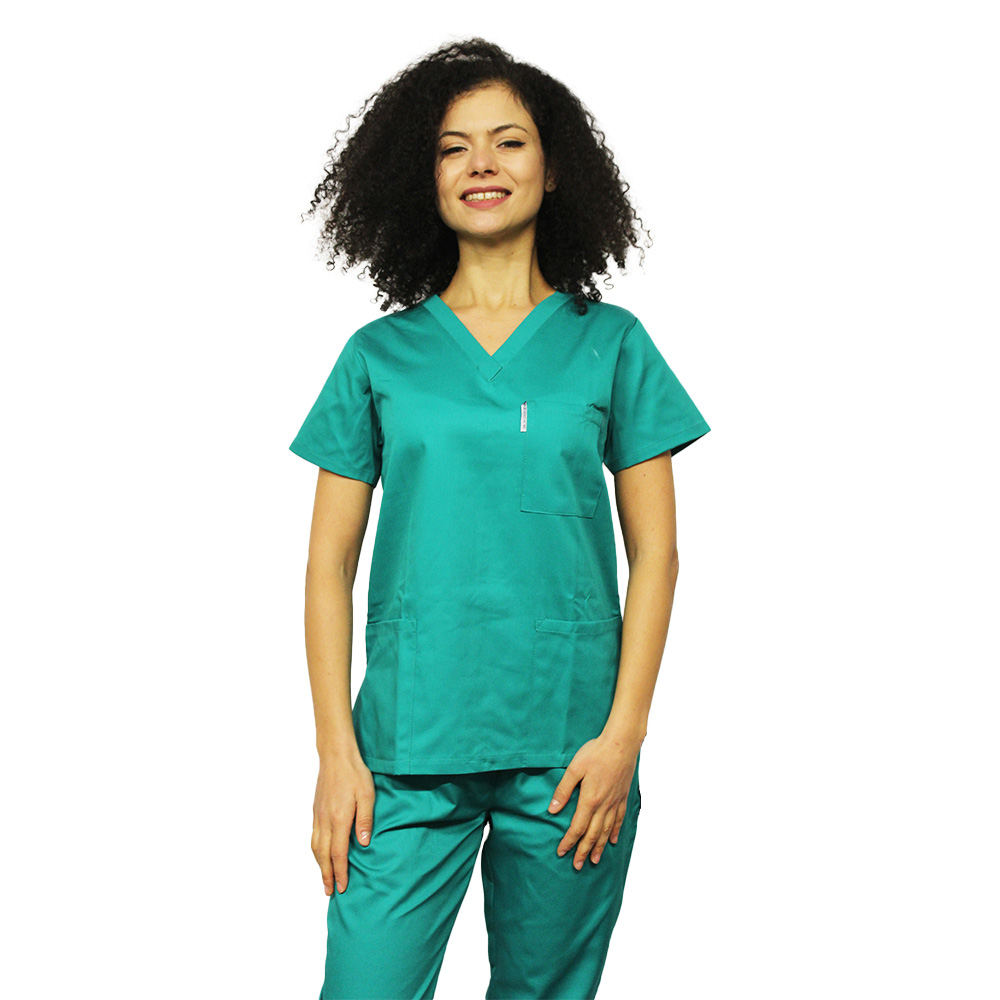 Tuta medica chirurgica verde, con camicetta scollo a V e pantaloni con elastico chirurgici verdi