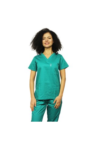 Tuta medica chirurgica verde, con camicetta scollo a V e pantaloni con elastico chirurgici verdi
