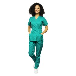 Tuta medica verde chirurgico, con camicetta kimono e pantaloni con elastico