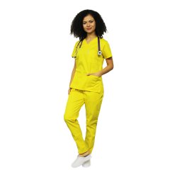 Tuta medica gialla, blusa con scollo a V, tre tasche e pantaloni con elastico