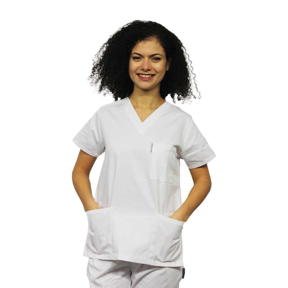Tuta medica bianca con camicetta ad ancora a V e pantaloni elastici bianchi