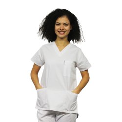 Camice medico bianco con ancora a V e tre tasche applicate