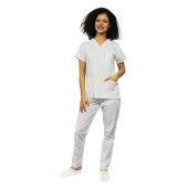 Uniforme da pulizia bianca con camicetta ad ancora a V e pantaloni con elastico..