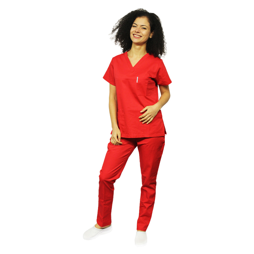 Tuta medica rossa, camice a V, tre tasche e pantaloni con elastico