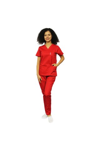 Tuta medica rossa, blusa con scollo a V, tre tasche e pantaloni con elastico