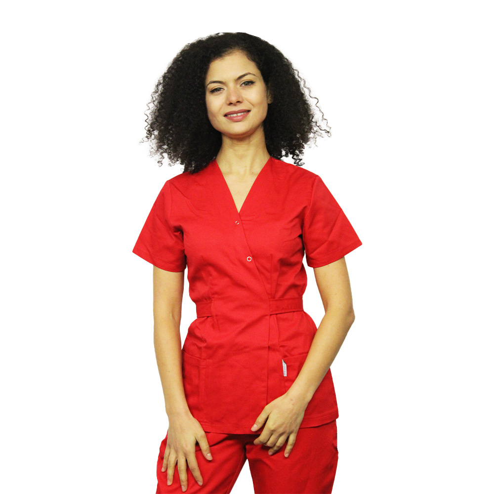 Tuta medica rossa, con blusa kimono e pantaloni rossi con elastico