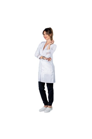  Camice medico bianco Mara, da donna con collo sciallato, due tasche e maniche lunghe con pizzo