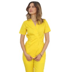 Camice medico kimono giallo con due tasche applicate