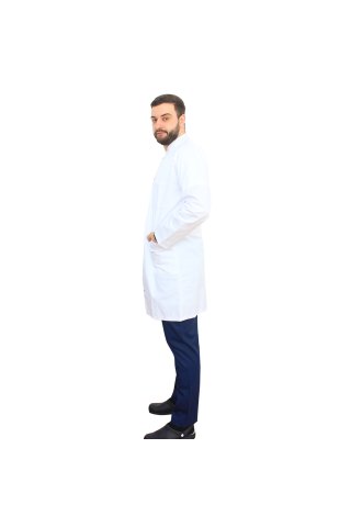 Camice medico unisex bianco con collo a tunica e tre tasche 