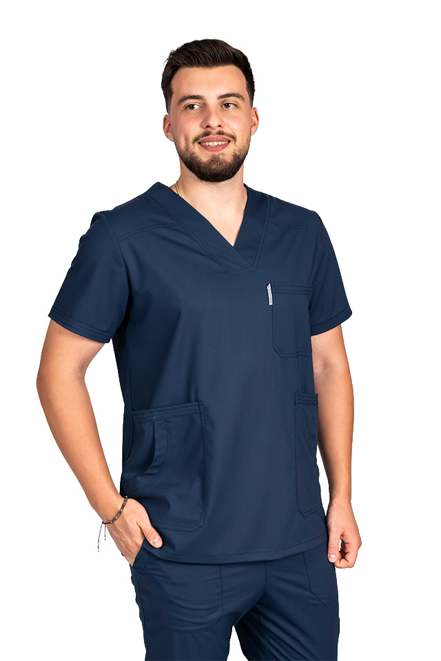 Casacca blu navy per medico a due pezzi a elasticizzata da uomo con collo a V e pantalone con cordicella