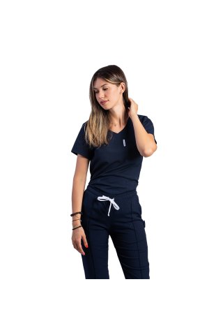 Tuta medica elasticizzata blu navy con camicetta scollo a V e coulisse e pantalone elastico