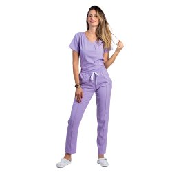 Tuta medica elasticizzata lilla con camicetta a V e pantaloni con coulisse ed elastico