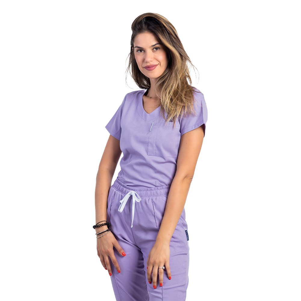 Tuta medica elasticizzata lilla con camicetta a V e pantaloni con coulisse ed elastico