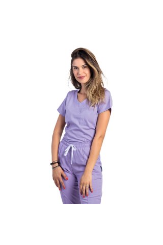 Tuta medica lilla elasticizzata con blusa a V e pantalone con coulisse ed elastico