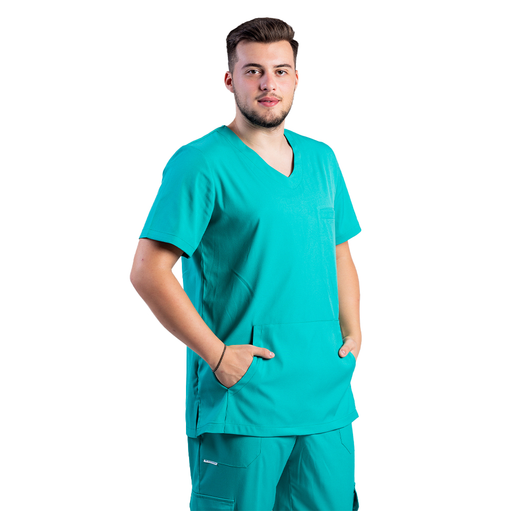 Tuta medica da uomo elasticizzata color verde con camicetta a V e pantalone con coulisse ed elastico