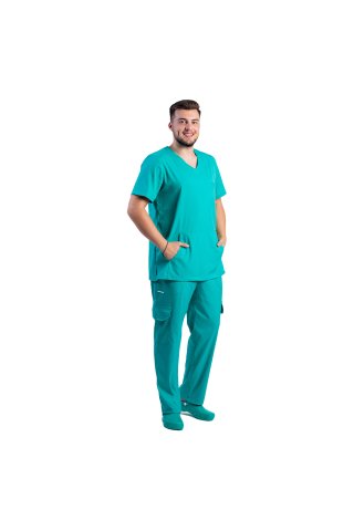 Tuta medica da uomo elasticizzata color verde con camicetta a V e pantalone con coulisse ed elastico