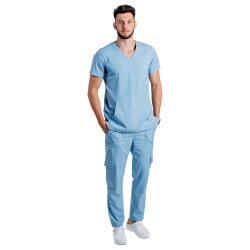 Tuta medica da uomo elasticizzata color blu con camicetta a V e pantalone con coulisse ed elastico