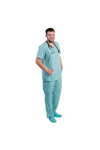 Tuta medica da uomo elasticizzata color menta con camicetta a V e pantalone con coulisse ed elastico