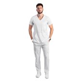 Tuta medica da uomo elasticizzata color bianco con camicetta a V e pantalone con coulisse ed elastico..