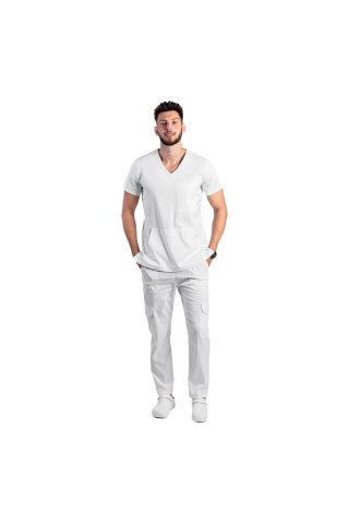 Tuta medica elasticizzata bianca da uomo con camicetta a V e pantalone con coulisse ed elastico