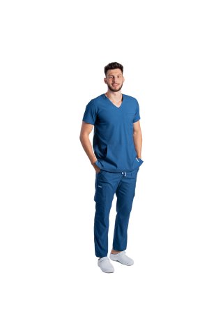 Tuta medica da uomo elasticizzata color jeans con camicetta a V e pantalone con coulisse ed elastico