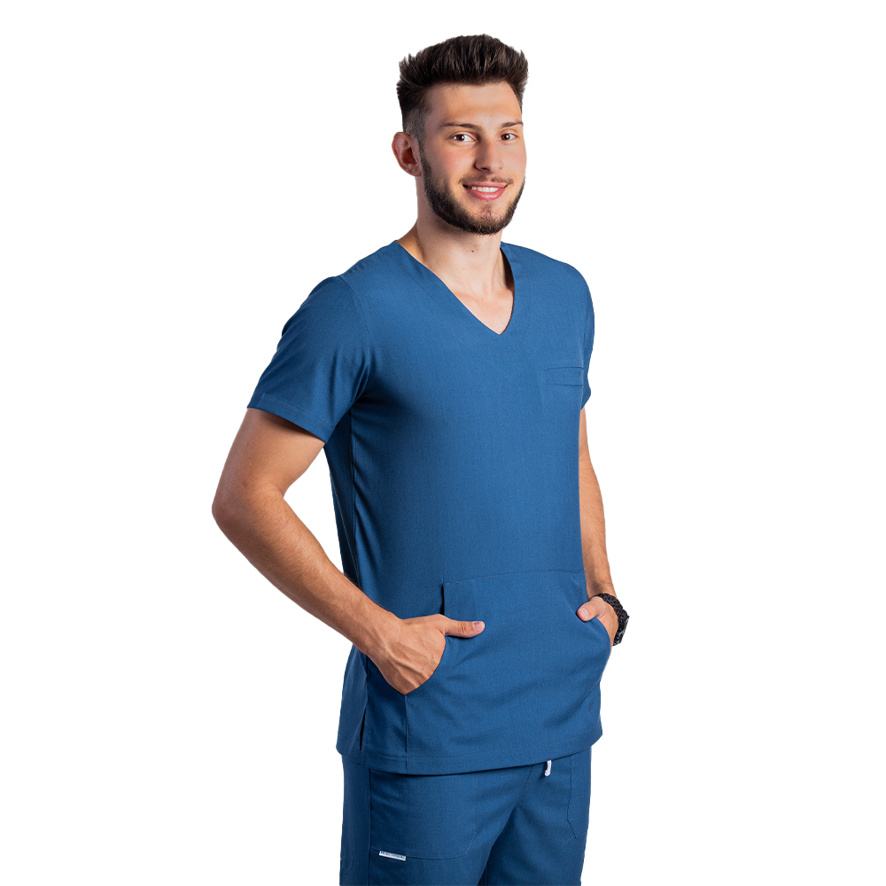 Casacca per medico a due pezzi color jeans elasticizzata da uomo con collo a V e pantalone con cordicella Casacca per medico a due pezzi color jeans elasticizzata da uomo con collo a V e pantalone con cordicella