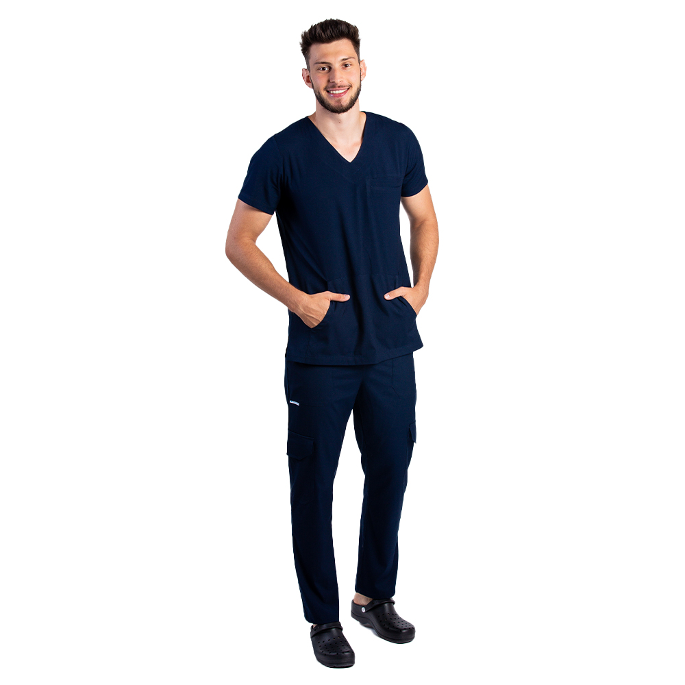 Tuta medica elasticizzata blu navy da uomo con camicetta a V e pantalone con coulisse ed elastico
