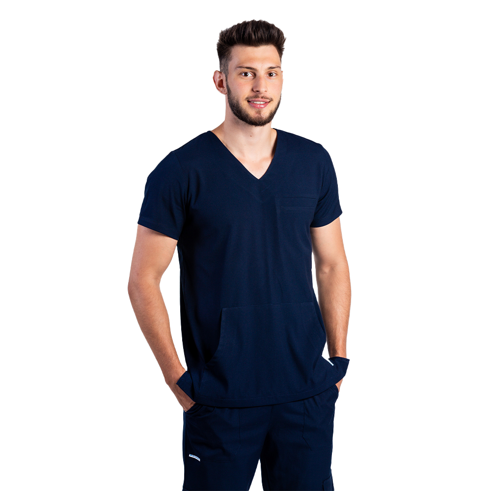 Tuta medica da uomo elasticizzata color blu navy con camicetta a V e pantalone con coulisse ed elastico