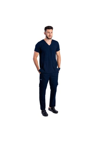 Tuta medica elasticizzata blu navy da uomo con camicetta a V e pantalone con coulisse ed elastico
