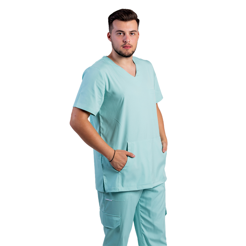 Tuta medica da uomo elasticizzata color menta con camicetta a V e pantalone con coulisse ed elastico
