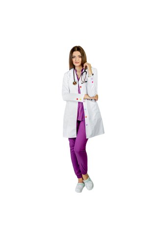 Camice medico bianco Rainbow, da donna, con colletto a rever, bottoni colorati e due tasche e maniche lunghe