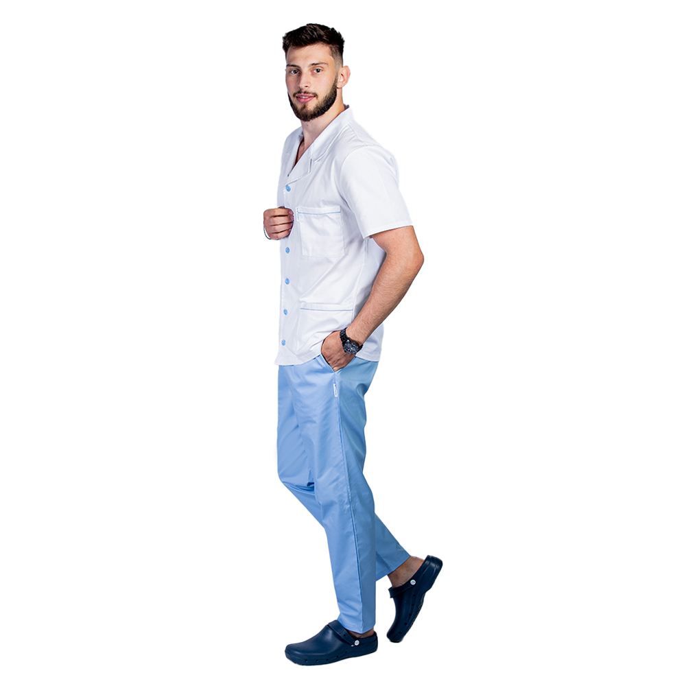 Camice medico da uomo bianco con bordino blu, colletto con revers e chiusura con bottoni