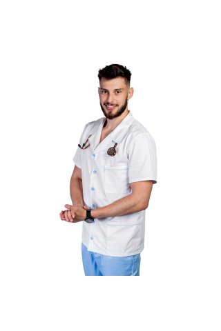 Camice medico da uomo bianco con bordino blu, colletto con revers e chiusura con bottoni